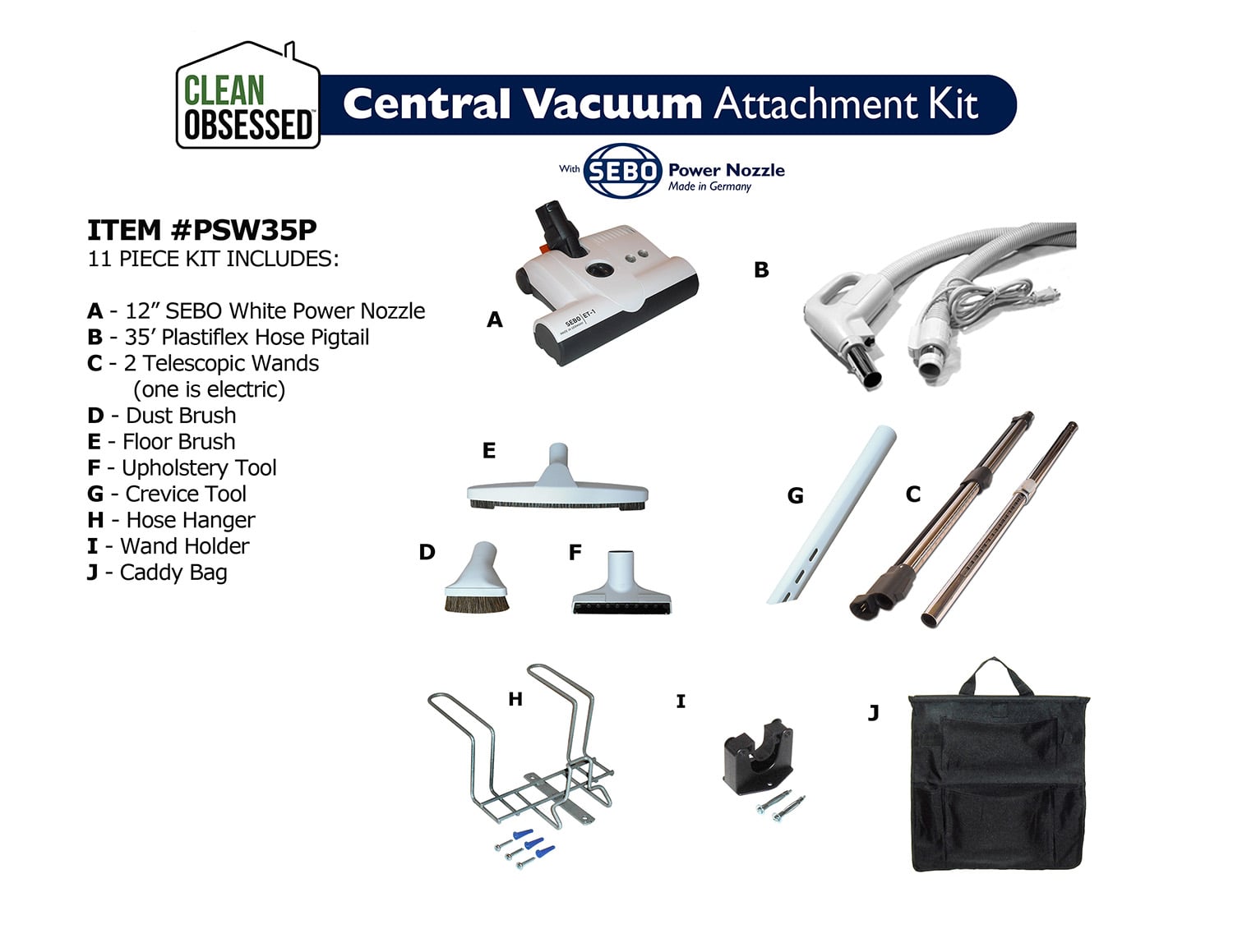 SEBO / Clean Obsessed Central Vacuum Attachment Kit (PSW35P)