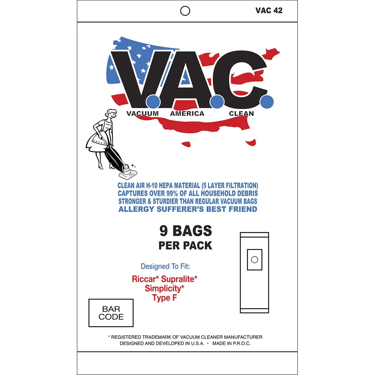 Riccar / Simplicity / CleanMax Style F HEPA Bags (9-Pack)